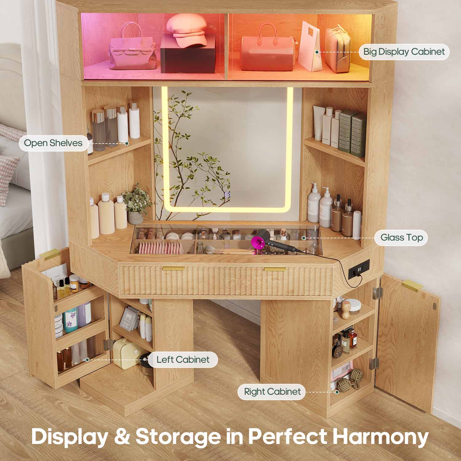 HAUOMS Vanity Oak / Engineered Wood / Modern Fluted Corner Makeup Vanity with LED Lights & Charging Oak