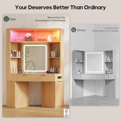 HAUOMS Vanity Oak / Engineered Wood / Modern Fluted Corner Makeup Vanity with LED Lights & Charging Oak