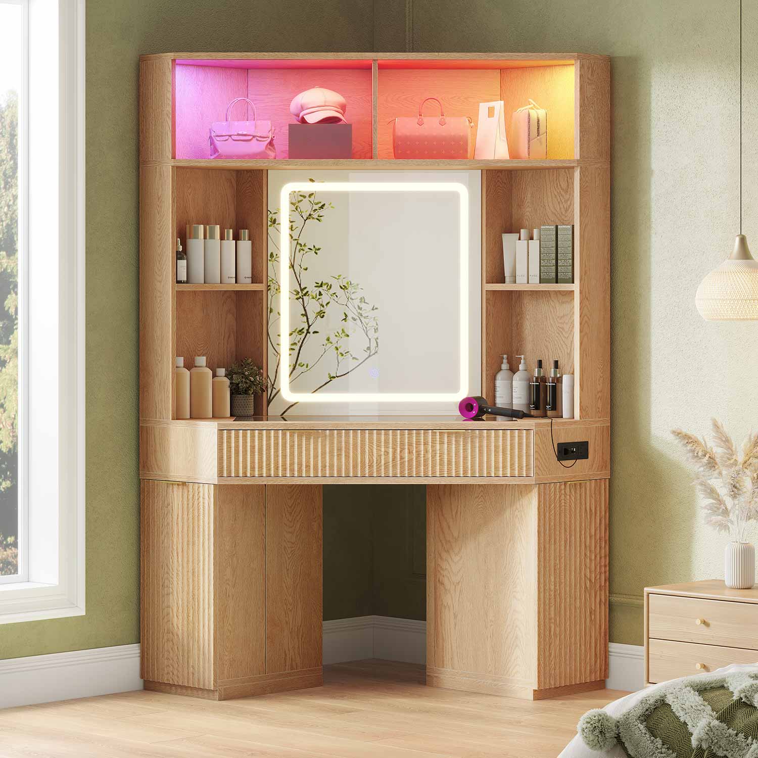 HAUOMS Vanity Oak / Engineered Wood / Modern Fluted Corner Makeup Vanity with LED Lights & Charging Oak