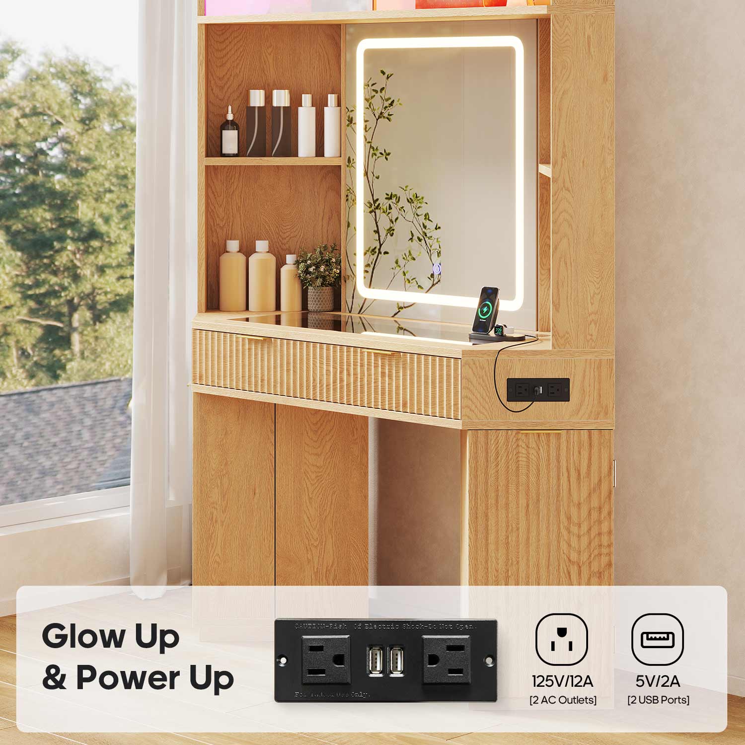 HAUOMS Vanity Oak / Engineered Wood / Modern Fluted Corner Makeup Vanity with LED Lights & Charging Oak