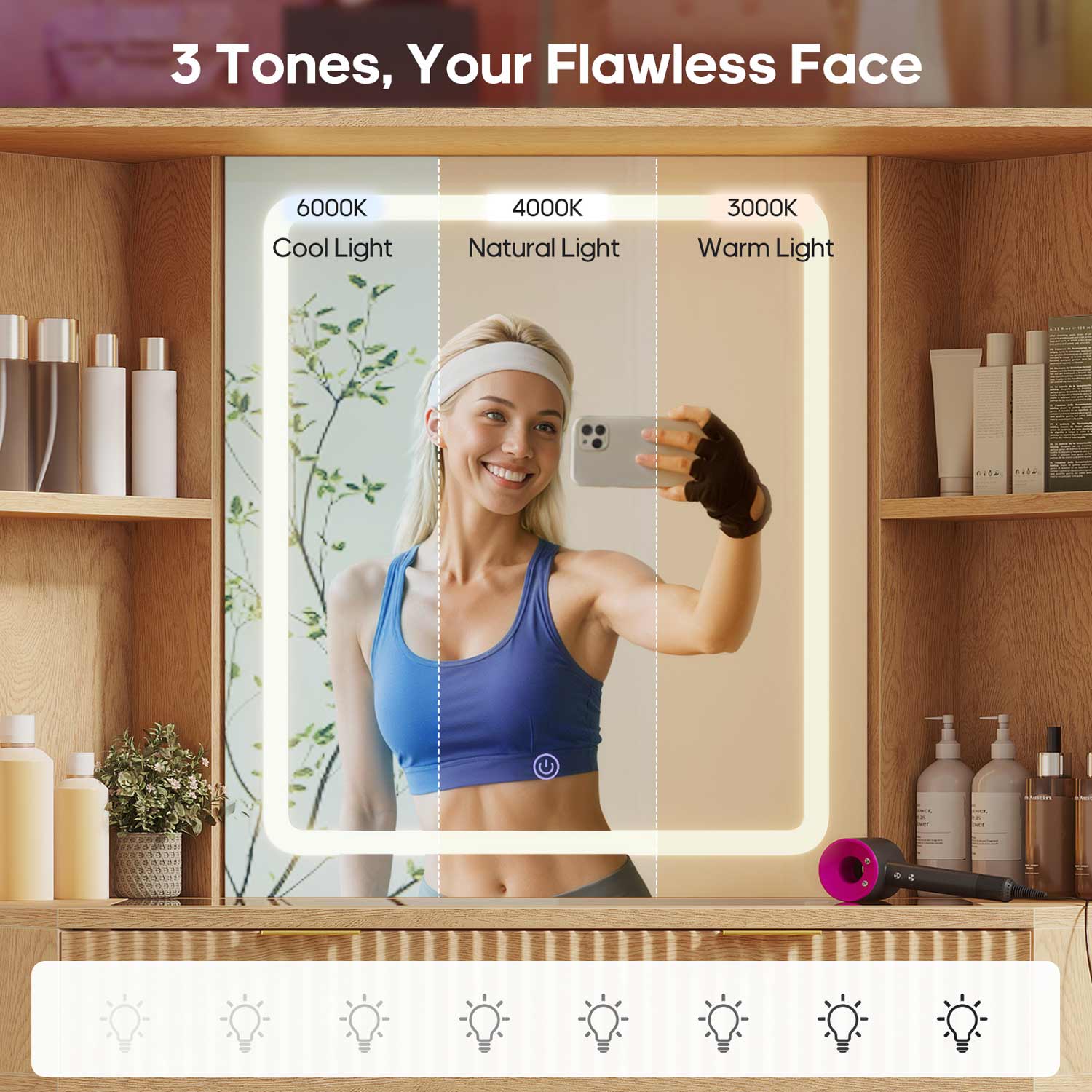 HAUOMS Vanity Oak / Engineered Wood / Modern Fluted Corner Makeup Vanity with LED Lights & Charging Oak