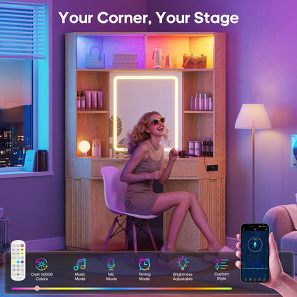 HAUOMS Vanity Oak / Engineered Wood / Modern Fluted Corner Makeup Vanity with LED Lights & Charging Oak