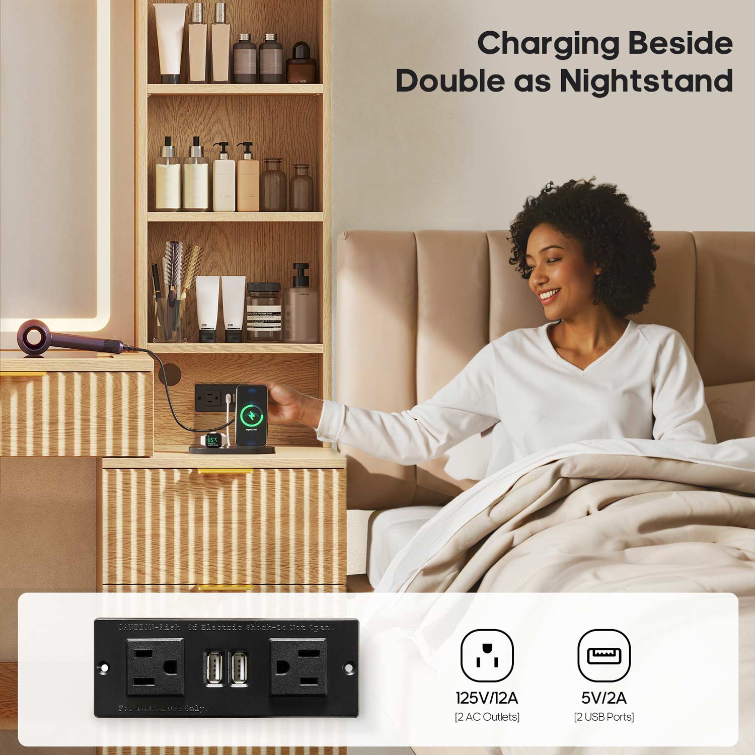 HAUOMS Vanity Oak / Engineered Wood / Modern Fluted Makeup Vanity with Sync Music LED Lights and Glass Top Oak