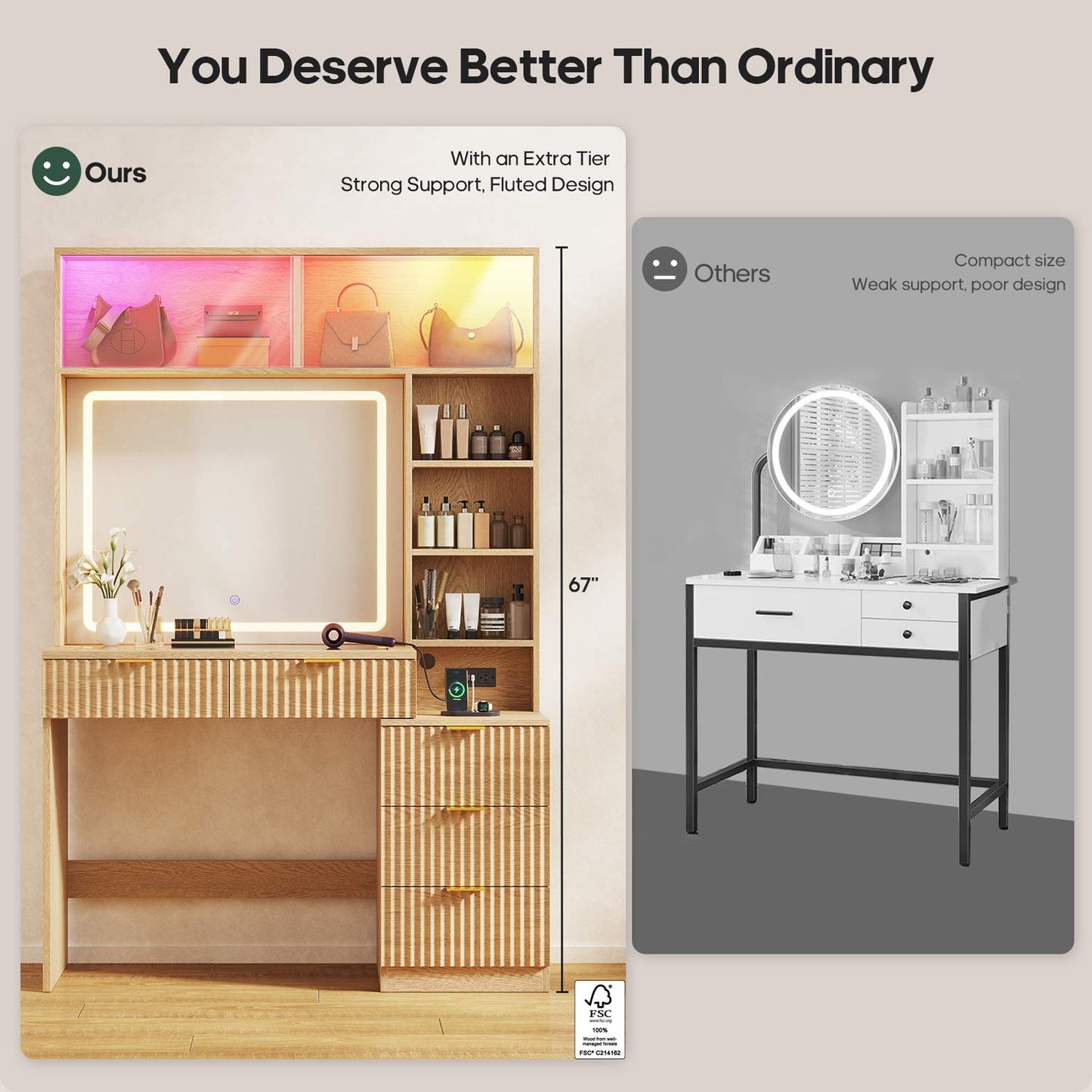 HAUOMS Vanity Oak / Engineered Wood / Modern Fluted Makeup Vanity with Sync Music LED Lights and Glass Top Oak