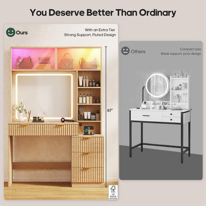 HAUOMS Vanity Oak / Engineered Wood / Modern Fluted Makeup Vanity with Sync Music LED Lights and Glass Top Oak