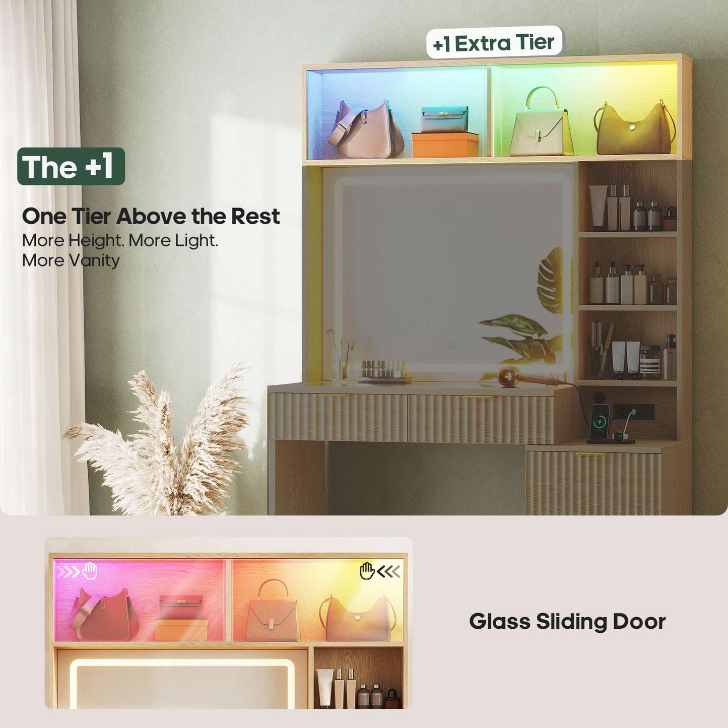 HAUOMS Vanity Oak / Engineered Wood / Modern Fluted Makeup Vanity with Sync Music LED Lights and Glass Top Oak