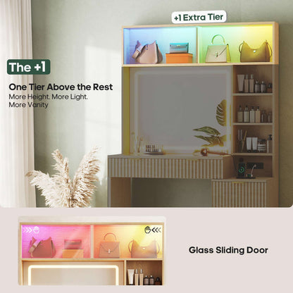 HAUOMS Vanity Oak / Engineered Wood / Modern Fluted Makeup Vanity with Sync Music LED Lights and Glass Top Oak