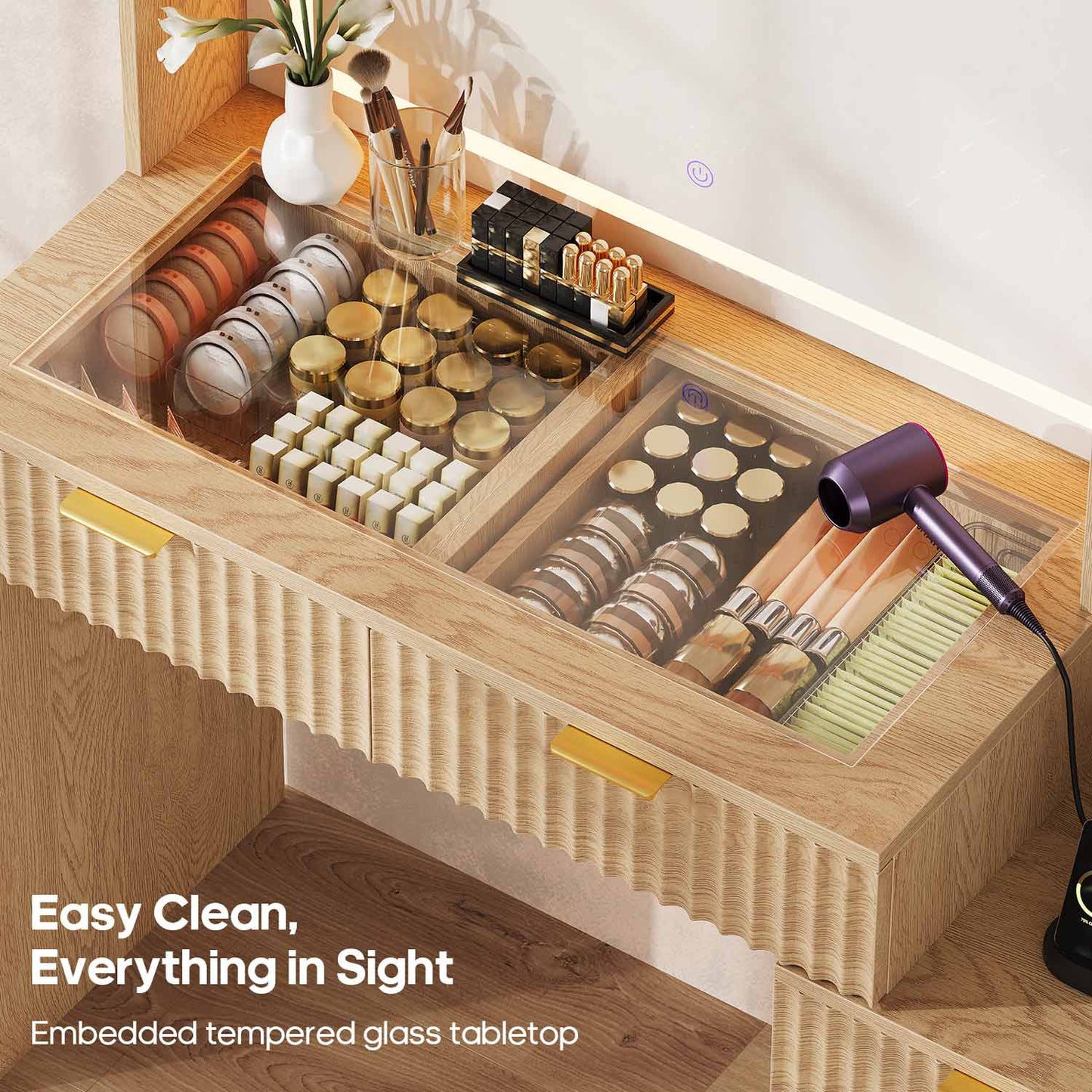 HAUOMS Vanity Oak / Engineered Wood / Modern Fluted Makeup Vanity with Sync Music LED Lights and Glass Top Oak