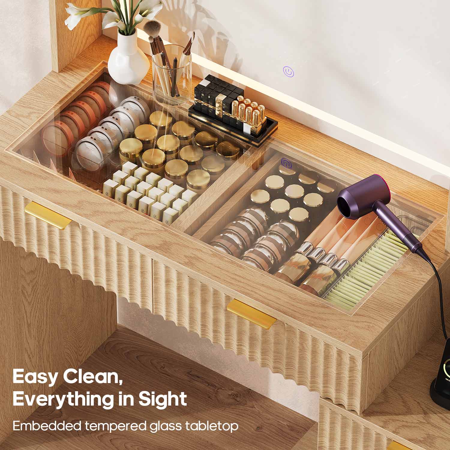 HAUOMS Vanity Oak / Engineered Wood / Modern Fluted Makeup Vanity with Sync Music LED Lights and Glass Top Oak