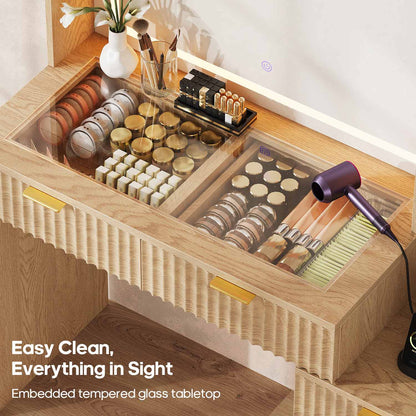 HAUOMS Vanity Oak / Engineered Wood / Modern Fluted Makeup Vanity with Sync Music LED Lights and Glass Top Oak