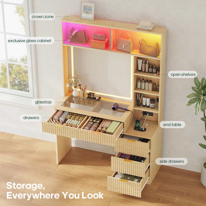 HAUOMS Vanity Oak / Engineered Wood / Modern Fluted Makeup Vanity with Sync Music LED Lights and Glass Top Oak