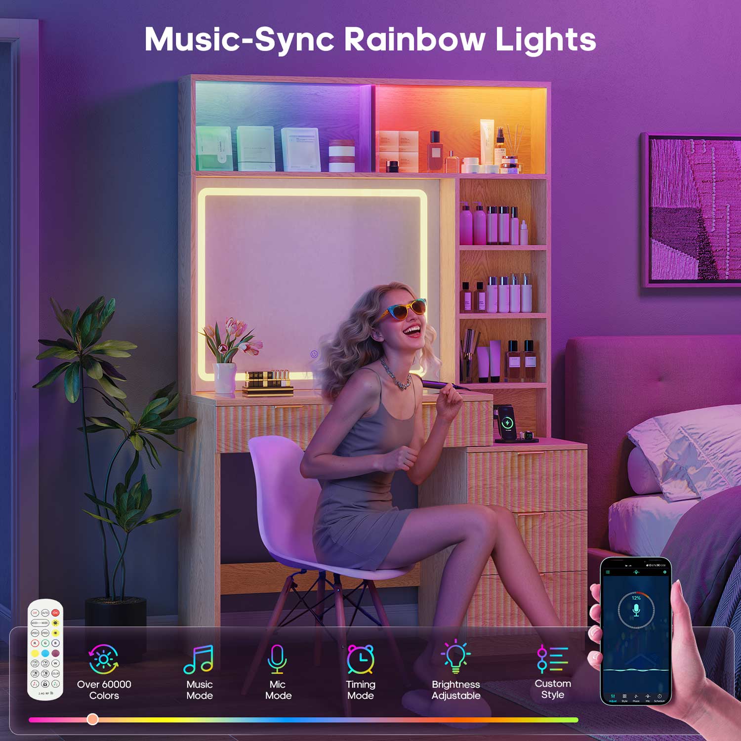 HAUOMS Vanity Oak / Engineered Wood / Modern Fluted Makeup Vanity with Sync Music LED Lights and Glass Top Oak