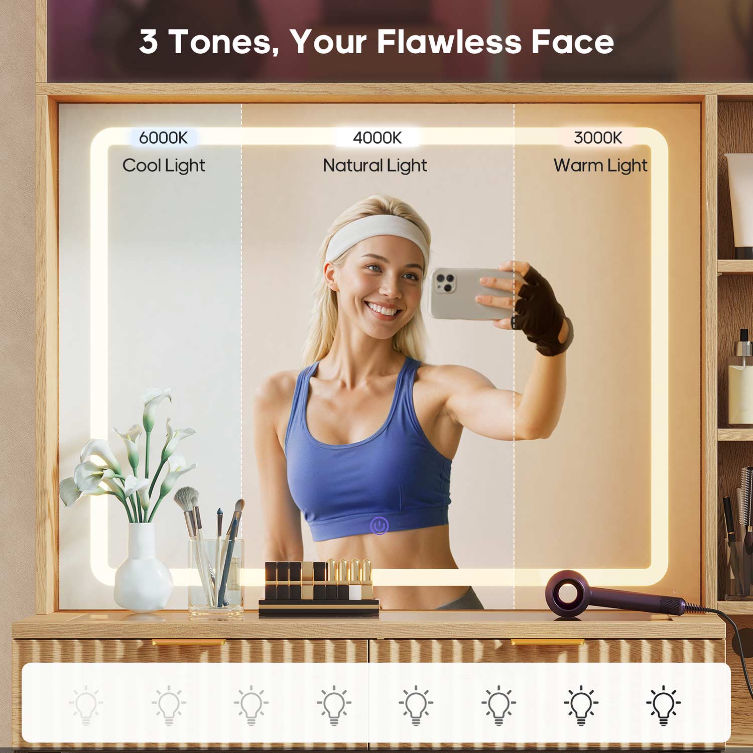 HAUOMS Vanity Oak / Engineered Wood / Modern Fluted Makeup Vanity with Sync Music LED Lights and Glass Top Oak