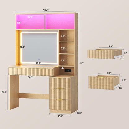 HAUOMS Vanity Oak / Engineered Wood / Modern Fluted Makeup Vanity with Sync Music LED Lights and Glass Top Oak