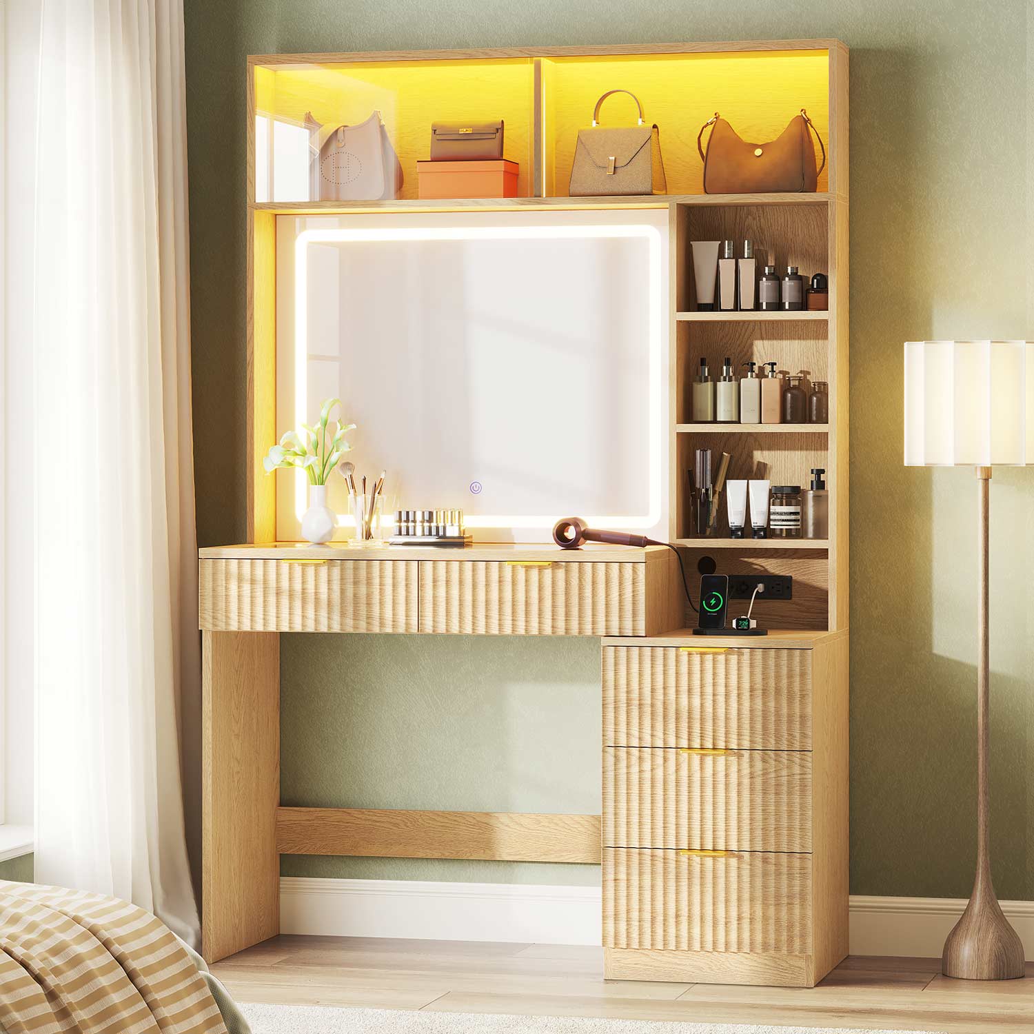 HAUOMS Vanity Oak / Engineered Wood / Modern Fluted Makeup Vanity with Sync Music LED Lights and Glass Top Oak