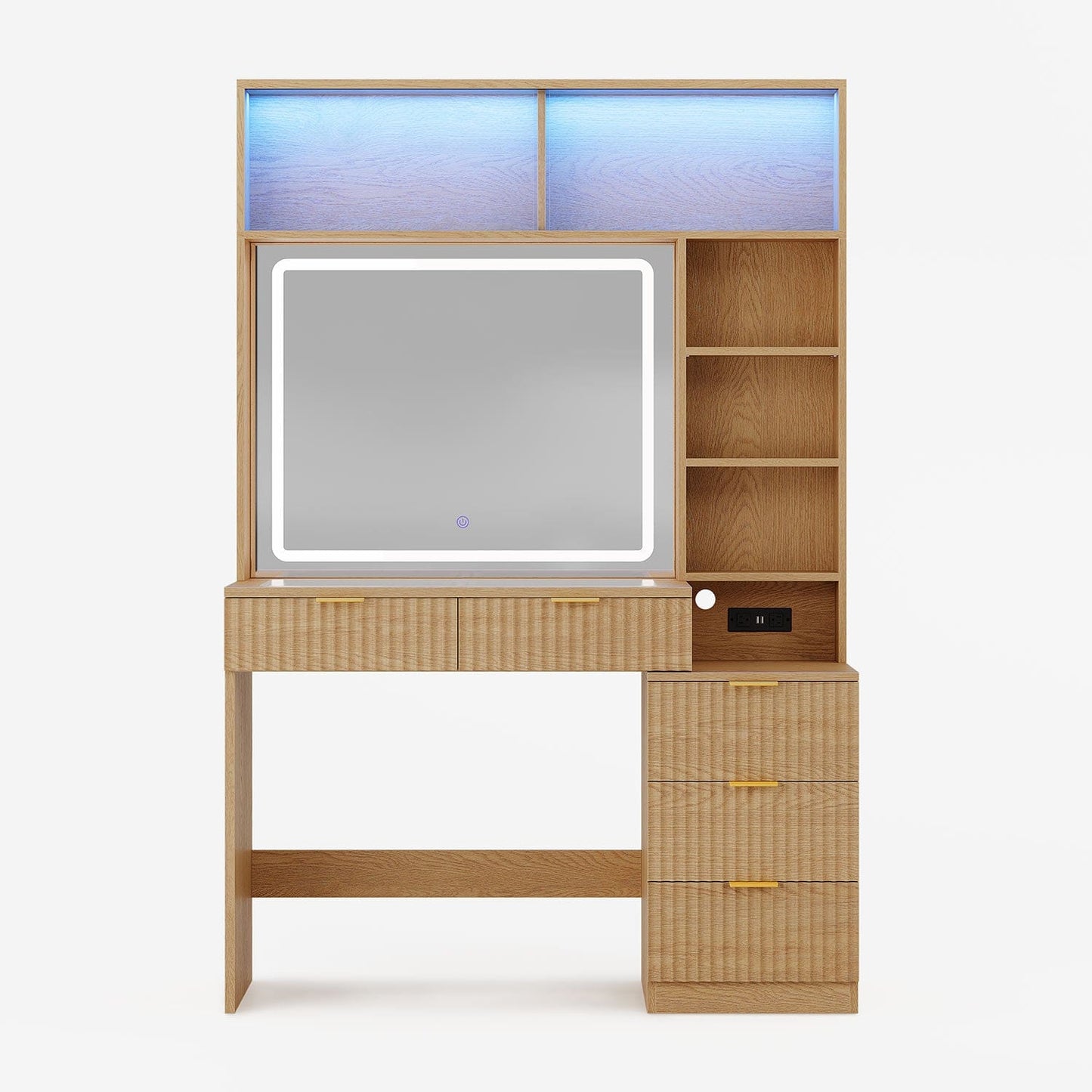 HAUOMS Vanity Oak / Engineered Wood / Modern Fluted Makeup Vanity with Sync Music LED Lights and Glass Top Oak