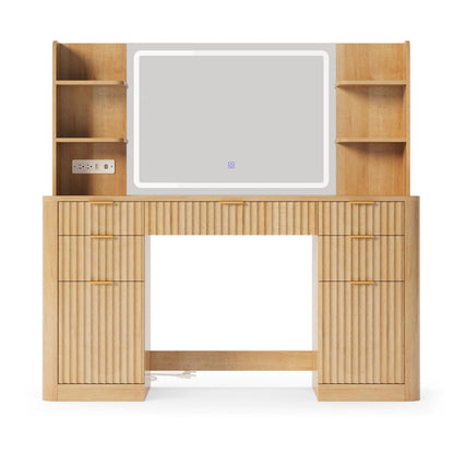 HAUOMS Vanity Oak Fluted Makeup Vanity Desk with Mirror and Lights Oak