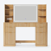 HAUOMS Vanity Oak Fluted Makeup Vanity Desk with Mirror and Lights Oak