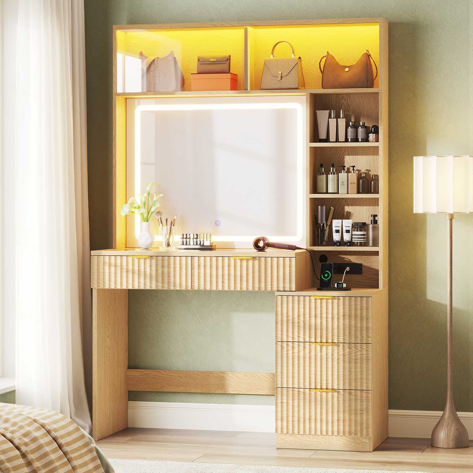 HAUOMS Vanity Oak HAUOMS Vanity Desk with Mirror and Sync Music LED Lights Makeup Vanitys with Power Outlet Glass Top 4 Shelves and 5 Drawers