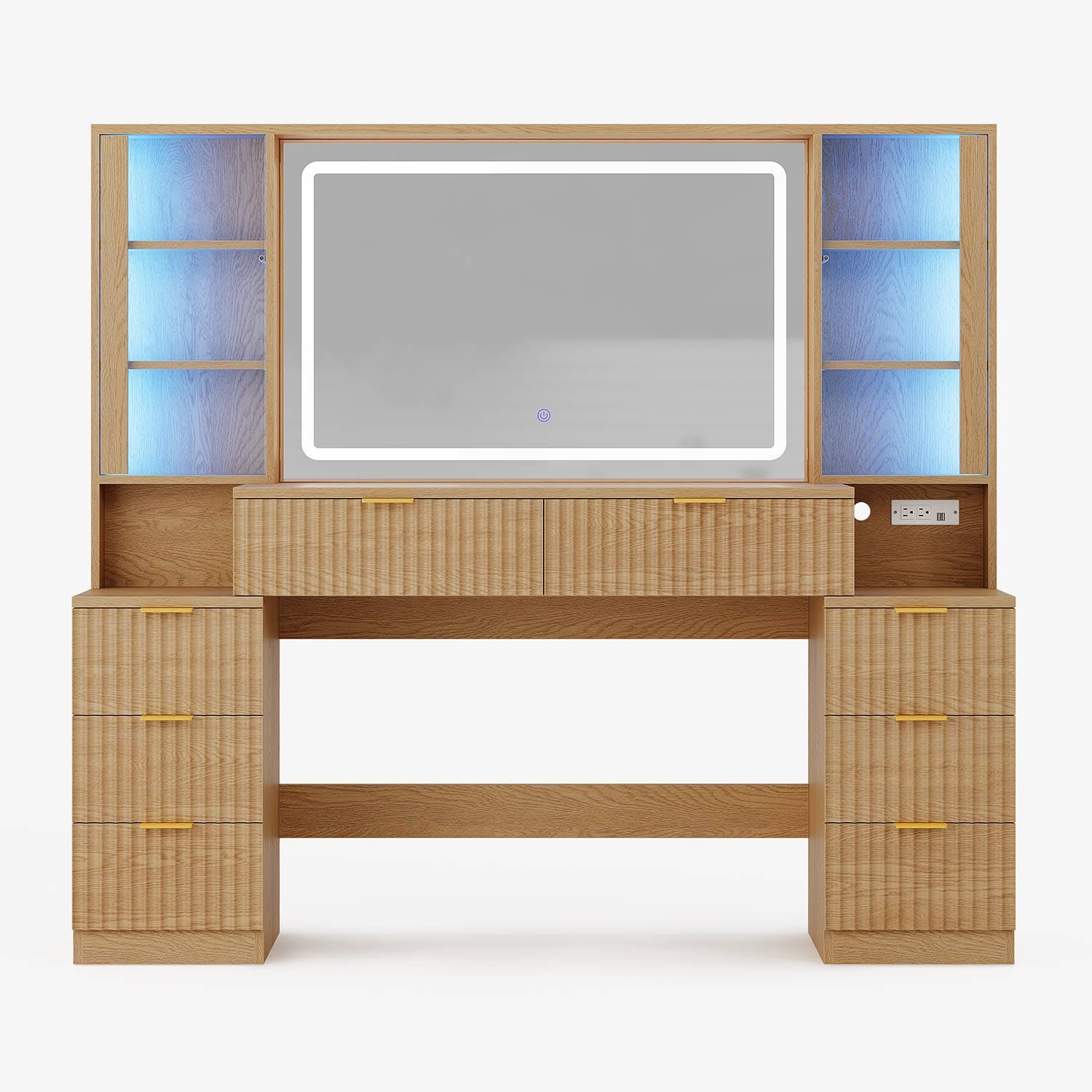 HAUOMS Vanity Oak / Modern / Engineered Wood Fluted Makeup Vanity with LED Mirror & Sound Sync Lights Oak