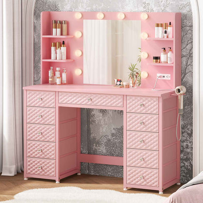 HAUOMS Vanity Pink HAUOMS 43.3” Vanity with Lights and Mirror 11 Drawer and 6 Open Shelves Makeup Vanity with Power Strip for Bedroom
