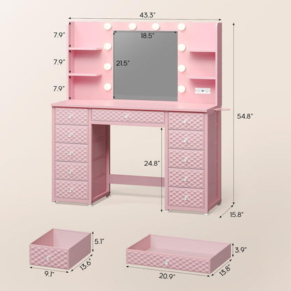 HAUOMS Vanity Pink Vanity with Lights and Mirror Pink