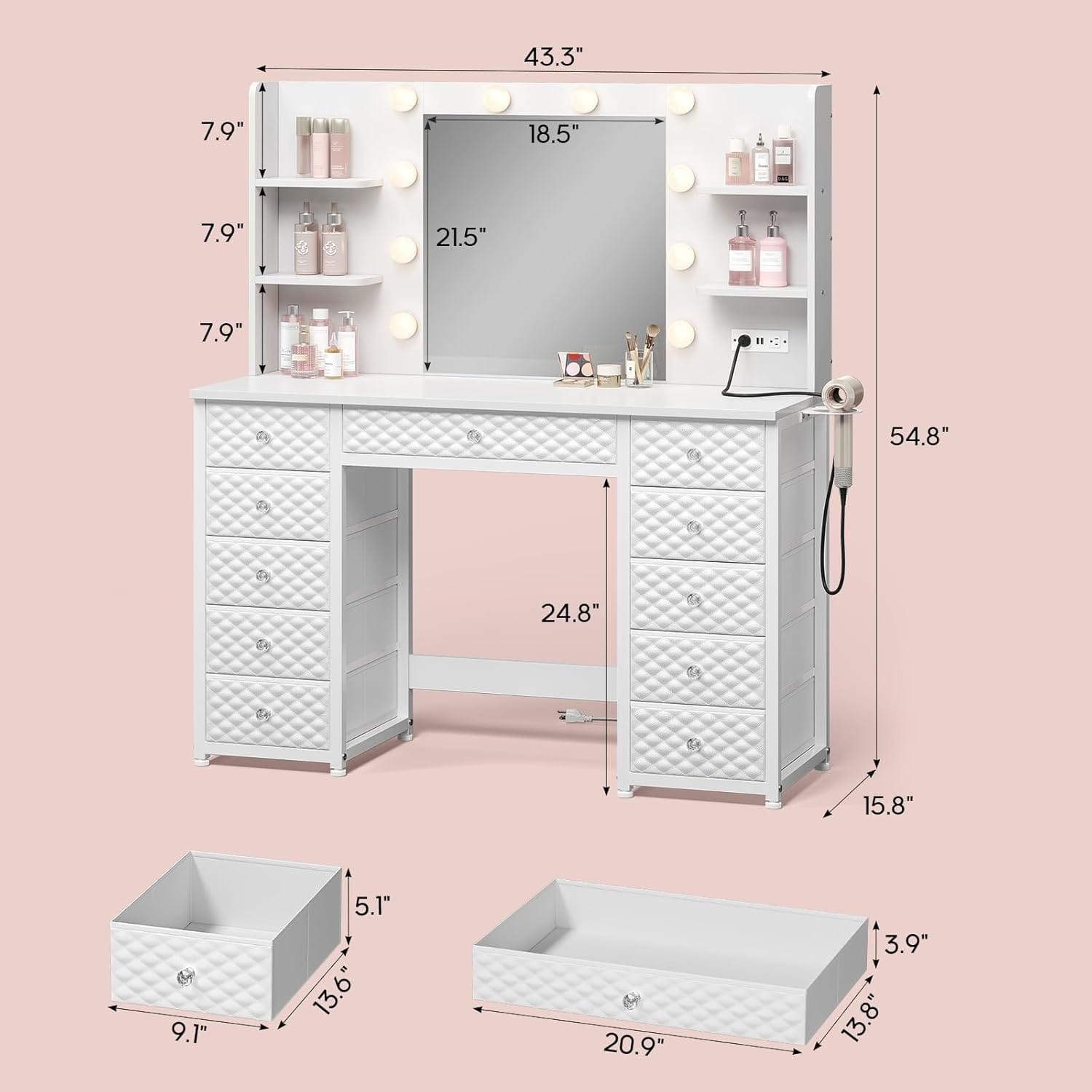 HAUOMS Vanity Vanity with Lights and Mirror, White
