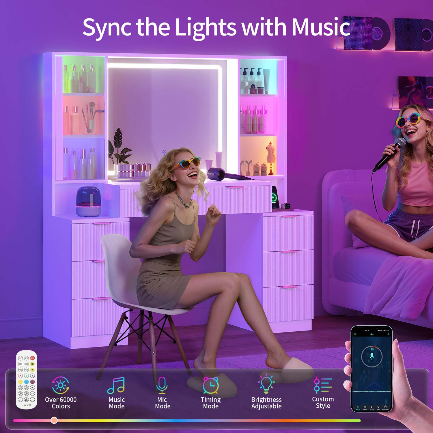 HAUOMS Vanity White 51.2" Fluted Makeup Vanity with LED Mirror & Sound Sync Lights White