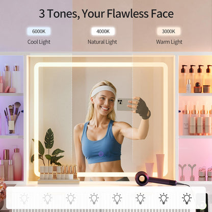 HAUOMS Vanity White 51.2" Fluted Makeup Vanity with LED Mirror & Sound Sync Lights White