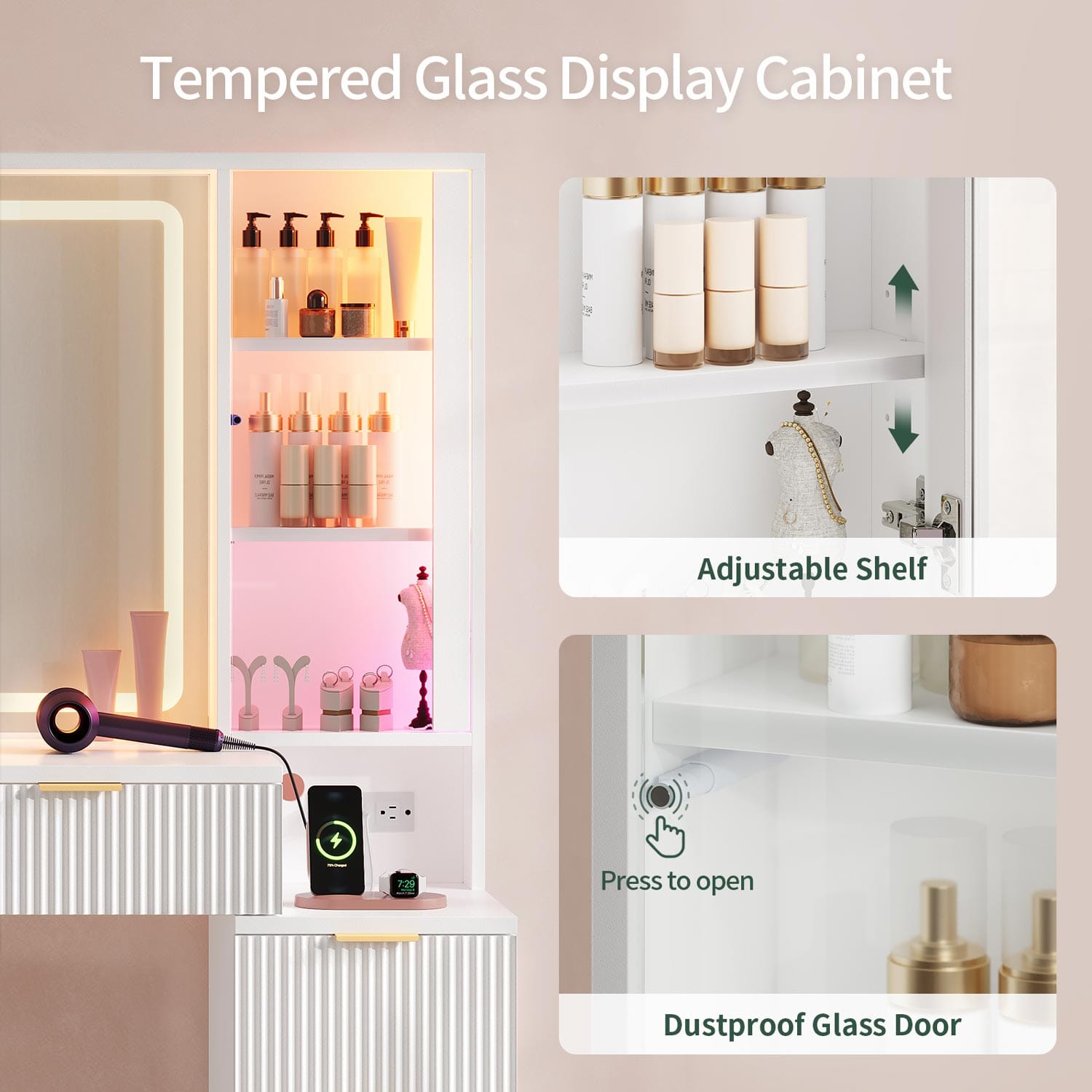 HAUOMS Vanity White 51.2" Fluted Makeup Vanity with LED Mirror & Sound Sync Lights White