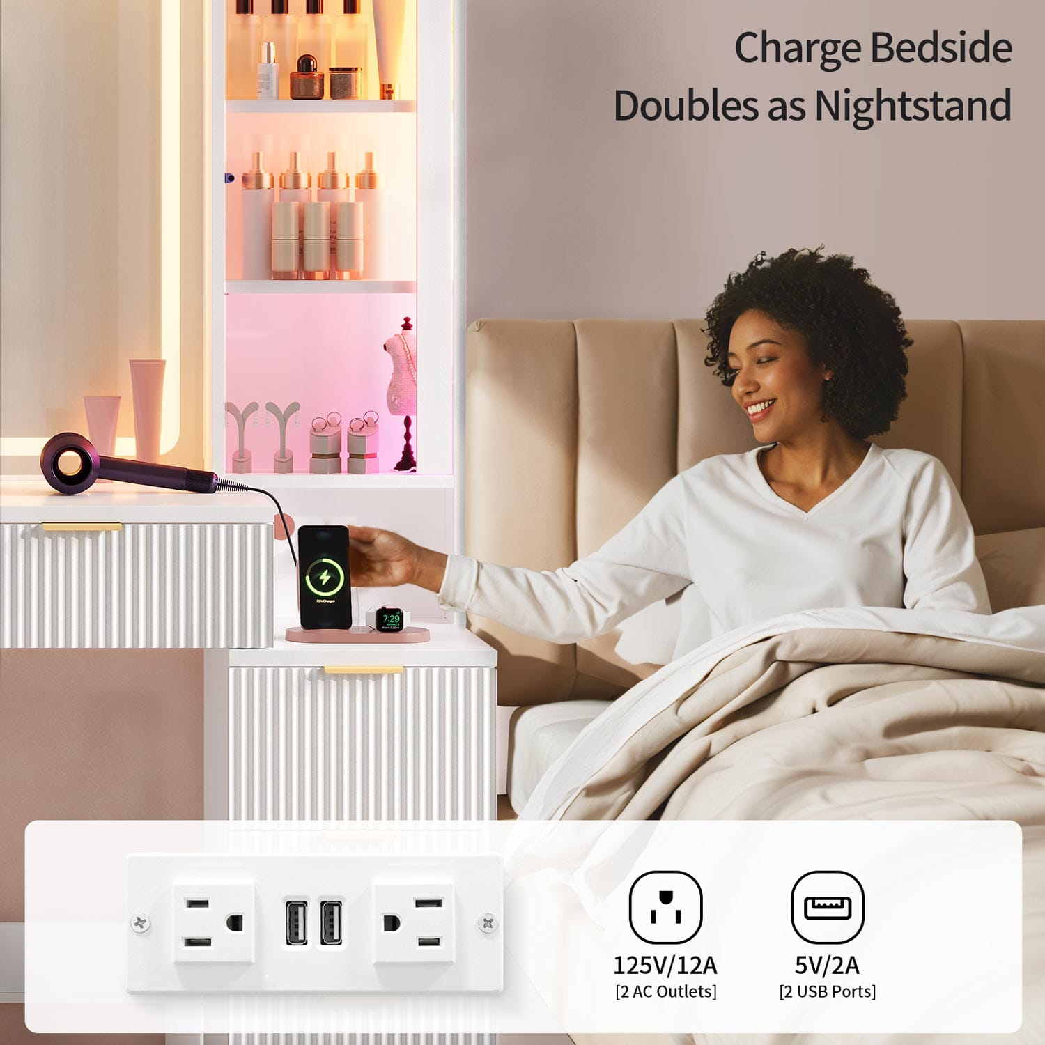 HAUOMS Vanity White 51.2" Fluted Makeup Vanity with LED Mirror & Sound Sync Lights White