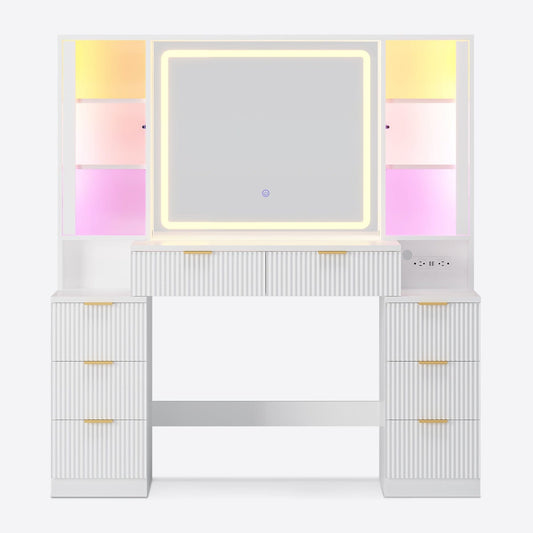 HAUOMS Vanity White 51.2" Fluted Makeup Vanity with LED Mirror & Sound Sync Lights White