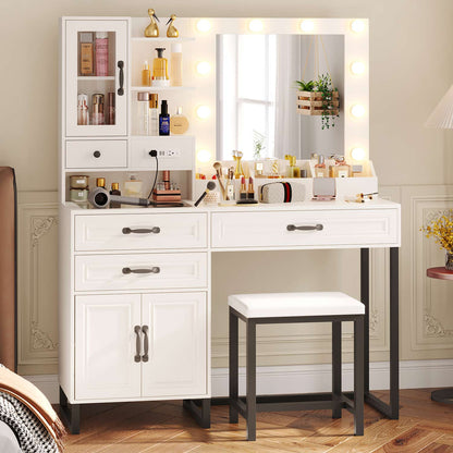Hauoms Vanity White & Black / Metal / Modern Glass Top Makeup Vanity Set Black & White