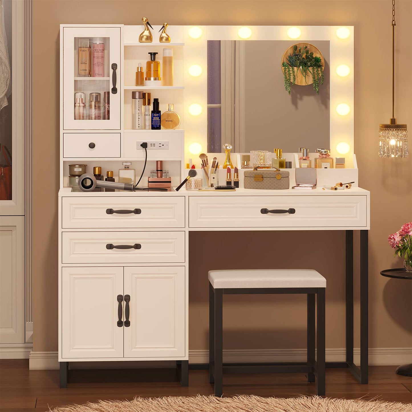 Hauoms Vanity White & Black / Metal / Modern Glass Top Makeup Vanity Set Black & White