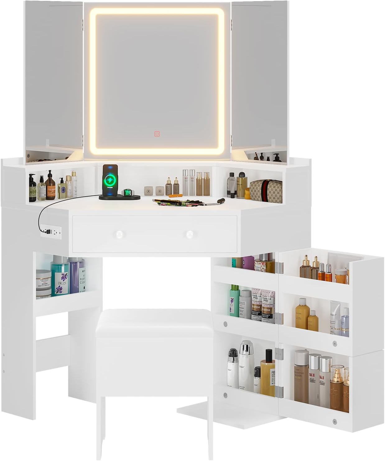 HAUOMS Vanity White Corner Vanity with Cushioned Storage Stool White
