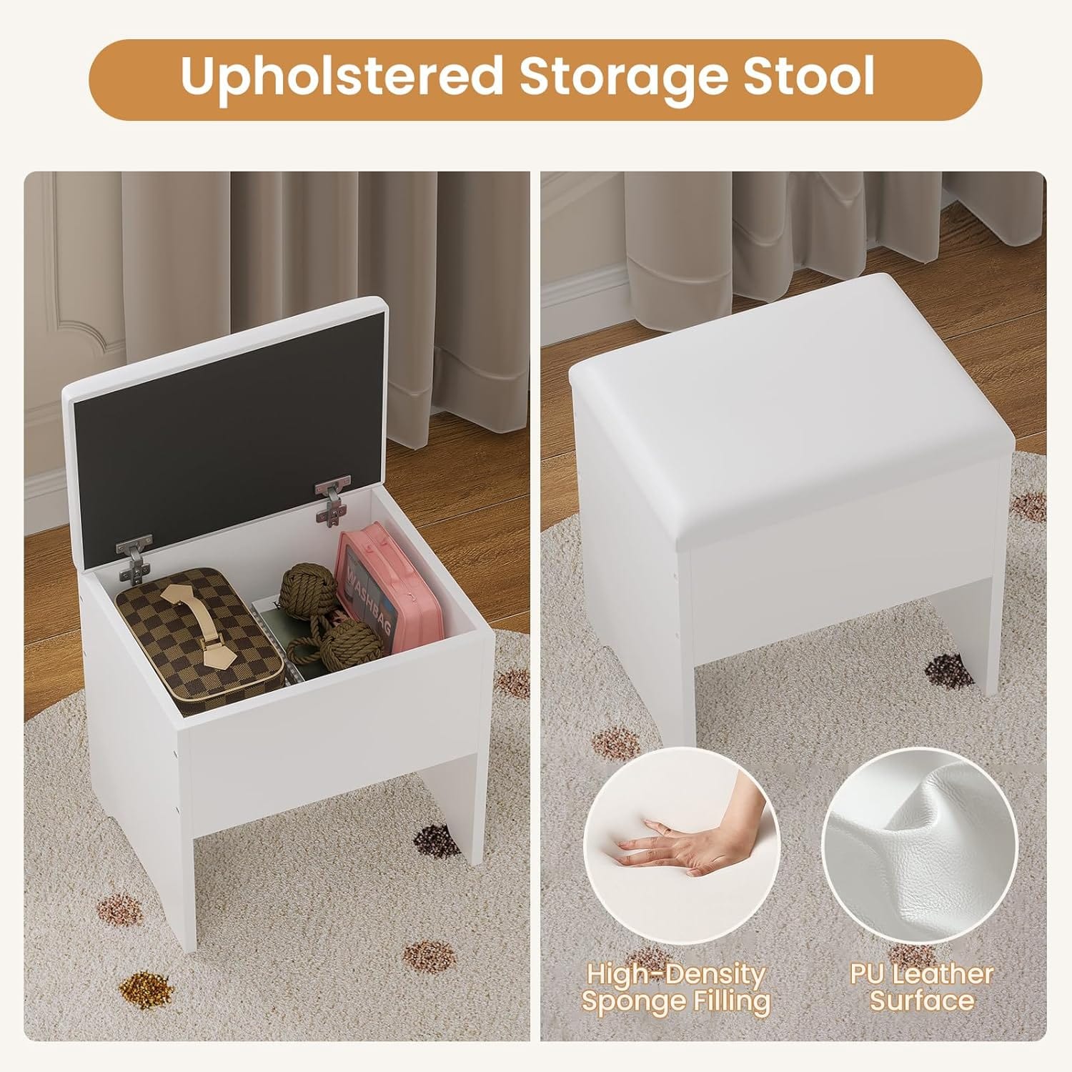 HAUOMS Vanity White Corner Vanity with Cushioned Storage Stool White