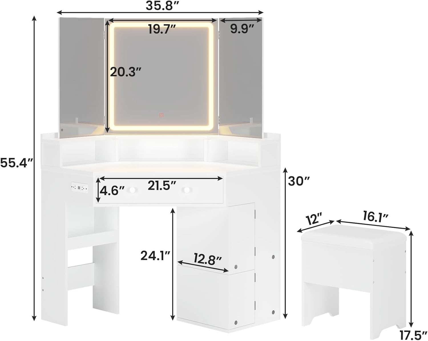 HAUOMS Vanity White Corner Vanity with Cushioned Storage Stool White