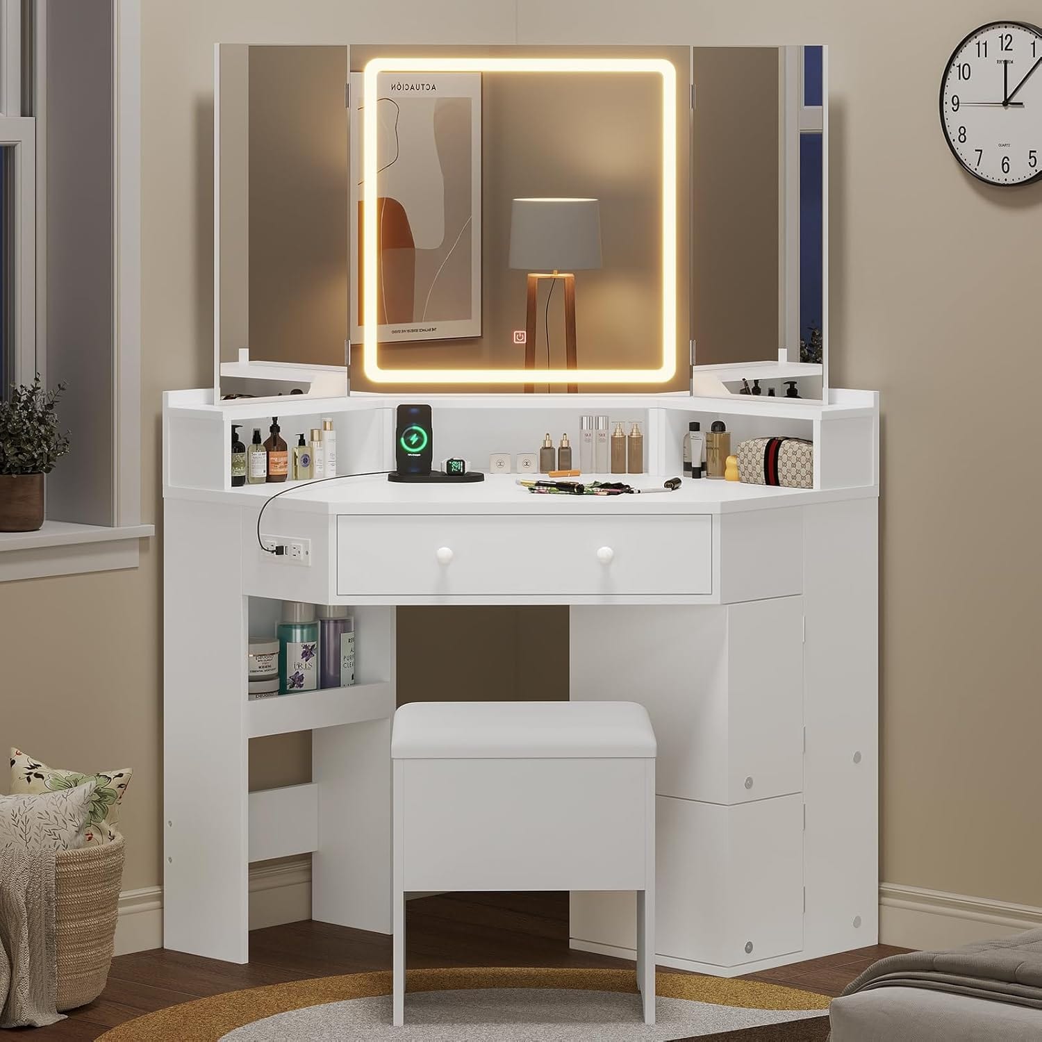 HAUOMS Vanity White Corner Vanity with Cushioned Storage Stool White