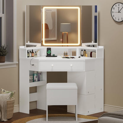 HAUOMS Vanity White Corner Vanity with Cushioned Storage Stool White