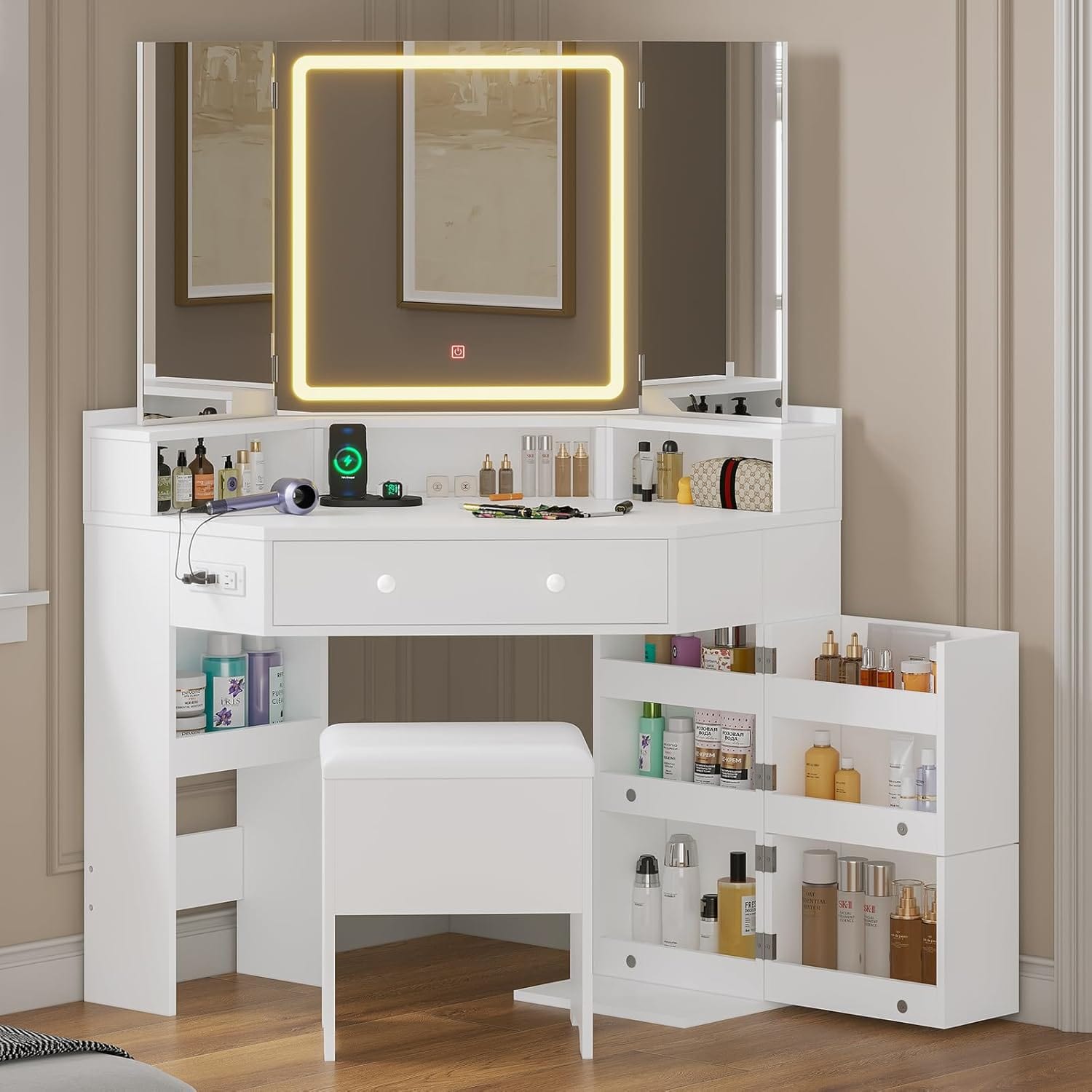 HAUOMS Vanity White Corner Vanity with Cushioned Storage Stool White