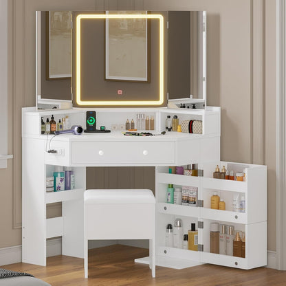 HAUOMS Vanity White Corner Vanity with Cushioned Storage Stool White