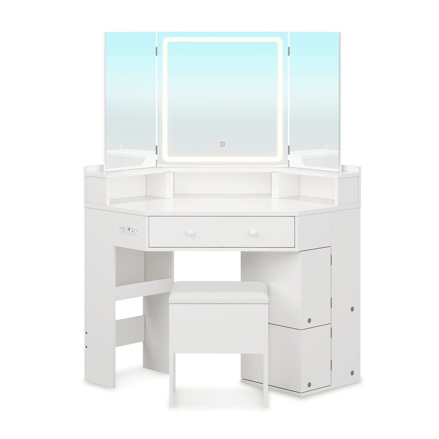 HAUOMS Vanity White Corner Vanity with Cushioned Storage Stool White