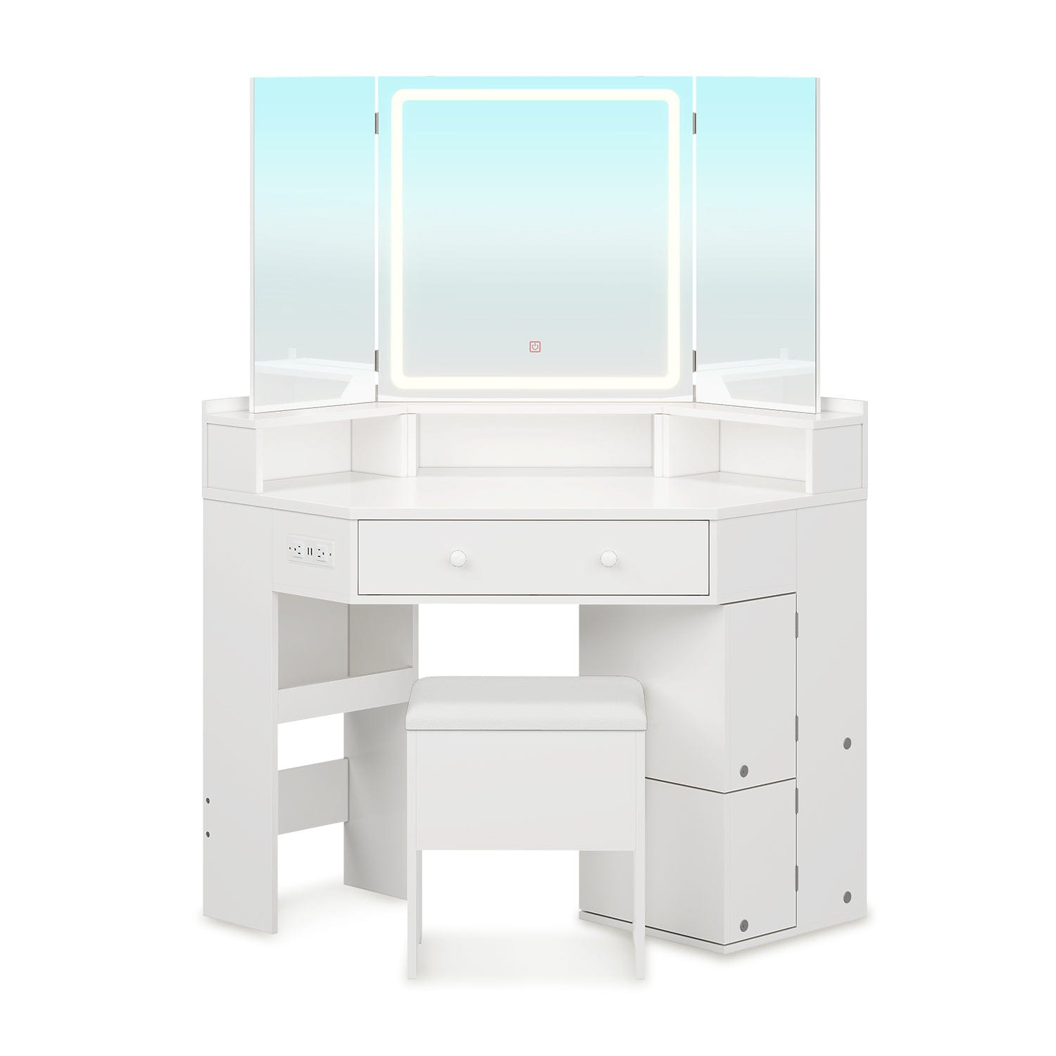HAUOMS Vanity White Corner Vanity with Cushioned Storage Stool White