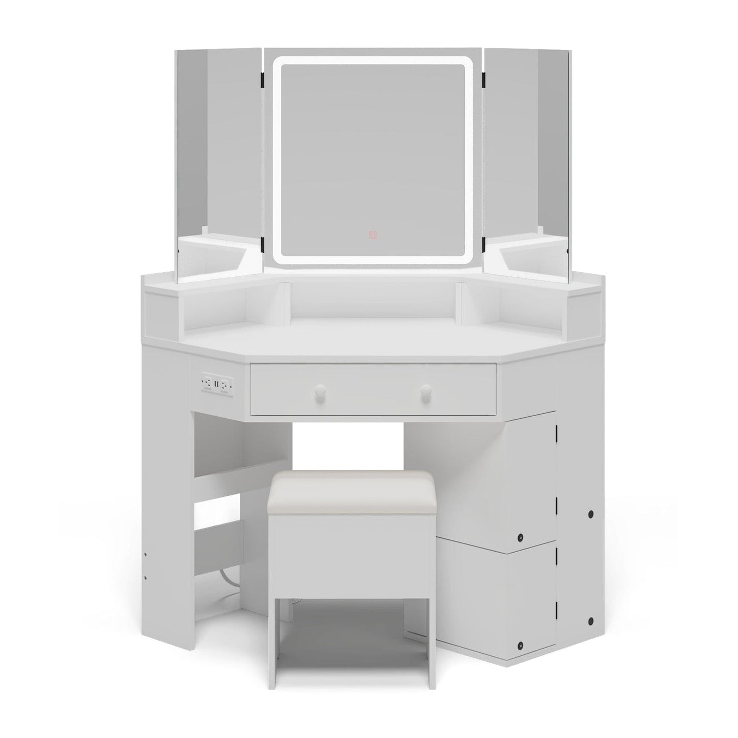HAUOMS Vanity White Corner Vanity with Cushioned Storage Stool White