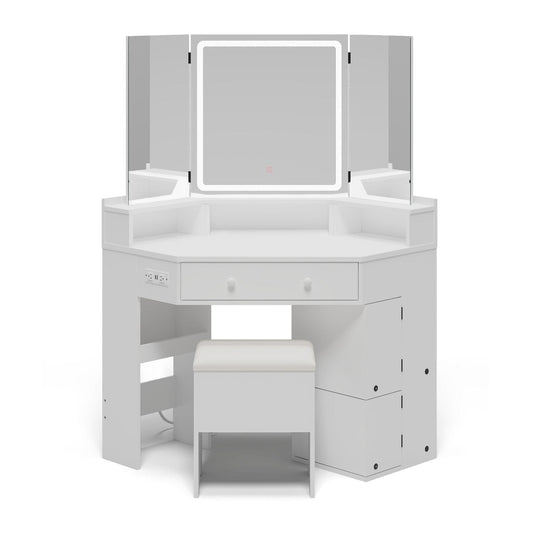 HAUOMS Vanity White Corner Vanity with Cushioned Storage Stool White
