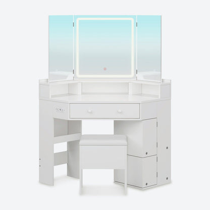 HAUOMS Vanity White Corner Vanity with Cushioned Storage Stool White