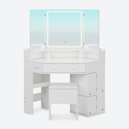 HAUOMS Vanity White Corner Vanity with Cushioned Storage Stool White