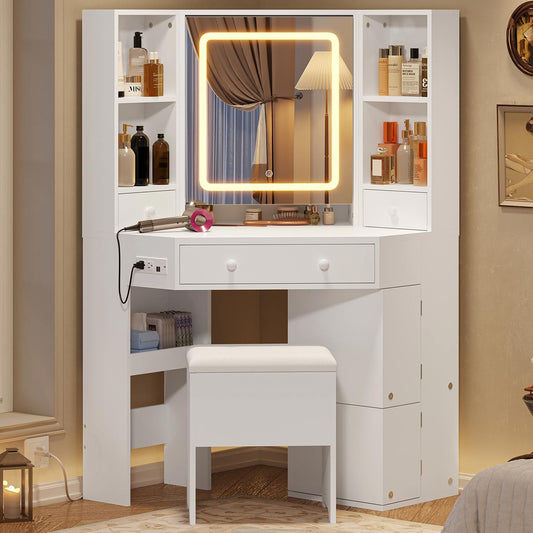 Hauoms Vanity White / Engineered Wood / Modern Corner LED Makeup Vanity Desk White