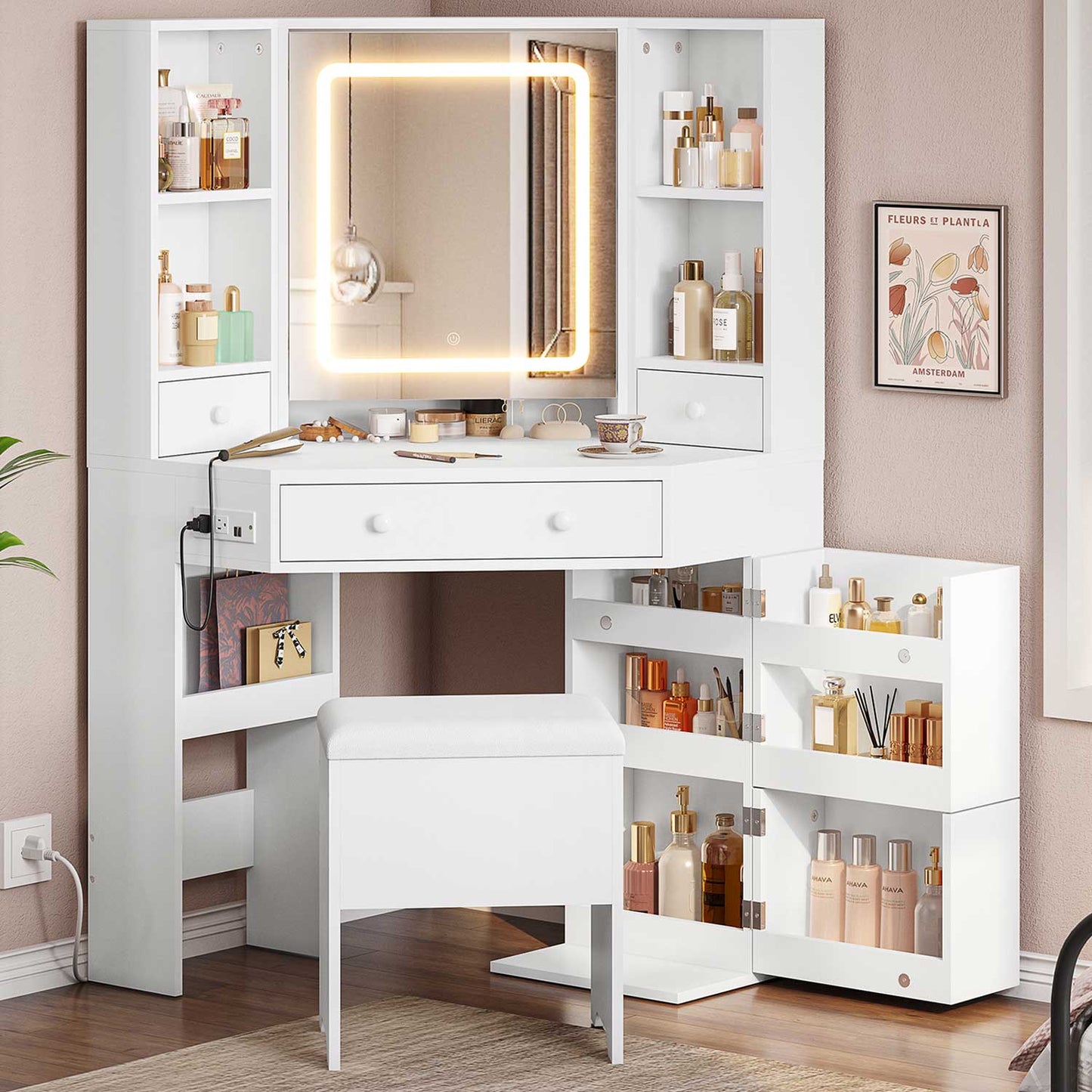 Hauoms Vanity White / Engineered Wood / Modern Corner LED Makeup Vanity Desk White