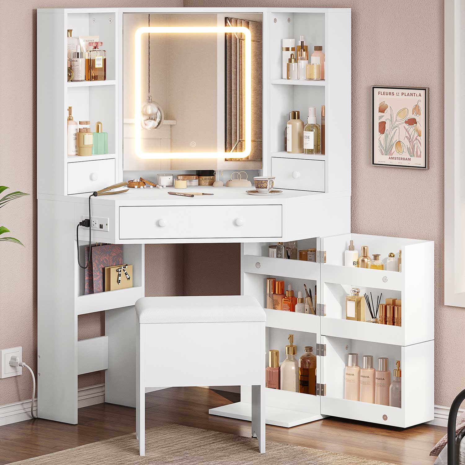 Hauoms Vanity White / Engineered Wood / Modern Corner LED Makeup Vanity Desk White